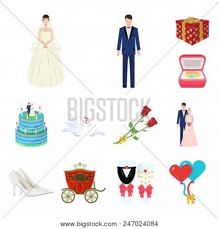 Wedding And Attributes Cartoon Icons In Set Collection For Design.newlyweds And Accessories Vector S