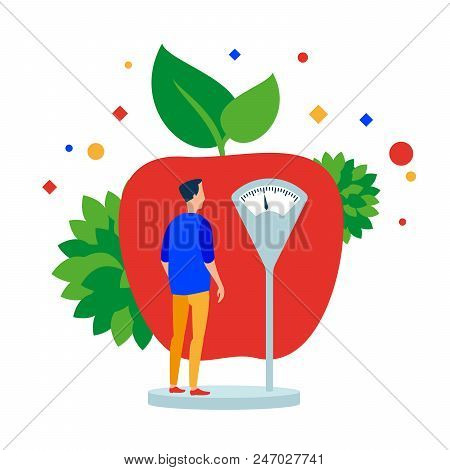 Man Measures The Weight Before The Apple. Vector Illustration. Separate Objects. Isolate.