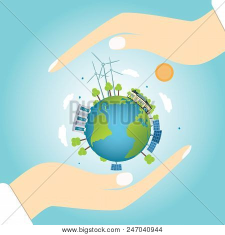 House With Solar Botaris On The Globe With Windmills And Hydro. Concept Of Clean Energy. Vector Illu