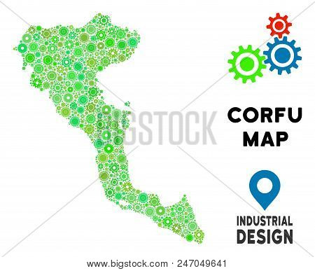 Gear Greek Corfu Island Map Mosaic Of Small Cogwheels. Abstract Territorial Scheme In Green Color Ti