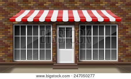 Brick Small 3d Store Front Facade Template With Awning. Exterior Empty Shop Or Boutique With Big Win