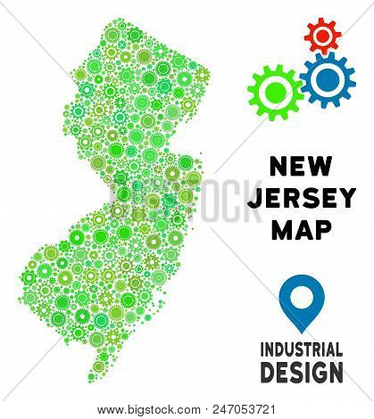 Gear New Jersey State Map Composition Of Small Wheels. Abstract Geographic Scheme In Green Color Tin
