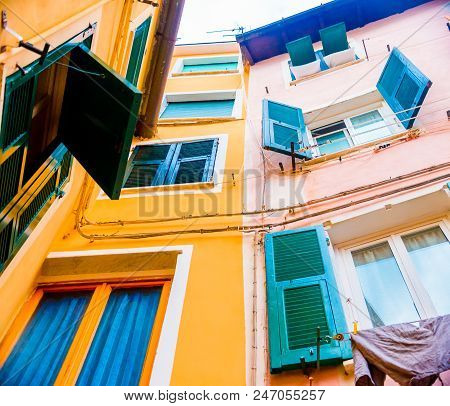 Colorful Buildings In Monterosso In Cinque Terre, Italy On Sunny Day.