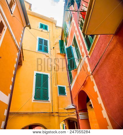 Colorful Buildings In Monterosso In Cinque Terre, Italy On Sunny Day.