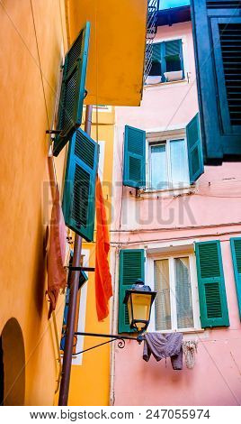 Colorful Buildings In Monterosso In Cinque Terre, Italy On Sunny Day.