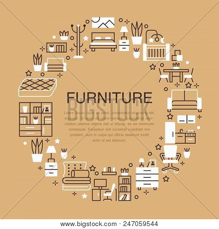 Furniture Sale Banner Illustration With Flat Line Icons. Living Room, Bedroom, Home Office Chair, Ki