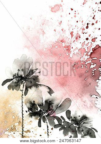 Ink Painted Flowers. Hand Painted Illustration Of Flowers On Grunge Watersplash Background.