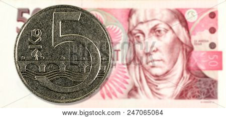 5 Koruna Coin Against 50 Czech Koruna Bank Note Obverse