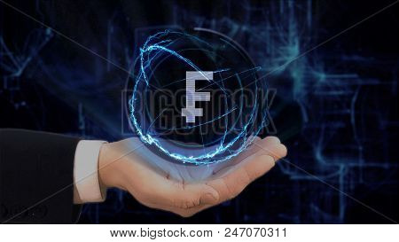 Painted Hand Shows Concept Hologram Sign Ftc On His Hand. Drawn Man In Business Suit With Future Tec