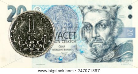 1 Czech Koruna Coin Against 20 Czech Koruna Banknote