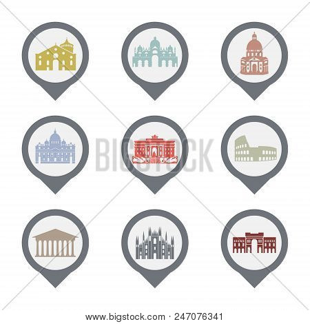 Set Of Italy Symbols, Landmarks In Black And White. Vector Illustration. Venice, Milan, Italy, Rome.