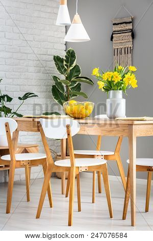 White Chairs And Lamps In Dining Room Interior With Daffodils And Lemons In A Bowl On A Wooden Table