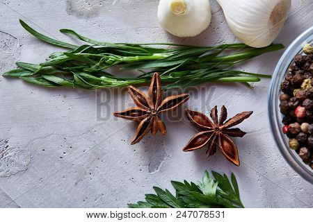 Three Glass Bowls With Spices Arranged In Rows On White Textured Background, View From Above, Select