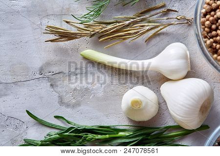 Three Glass Bowls With Spices Arranged In Rows On White Textured Background, View From Above, Select