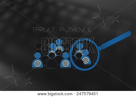 Marketing Segmentation And Targeting Conceptual Illustration: Magnifying Glass Analyzing Target Audi