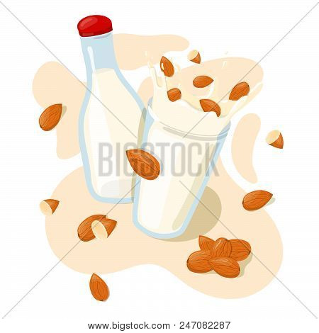 Homemade Almond Milk In A Bottle And Splash With Whole Almonds In A Glass Vector Poster. Healthy Eat