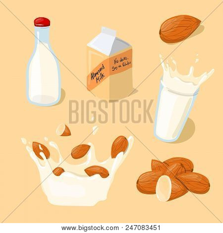 Almond Milk Glass, Splash, Bottle, Pack Vector Icon Set. Healthy Eating Cartoon Illustration Isolate