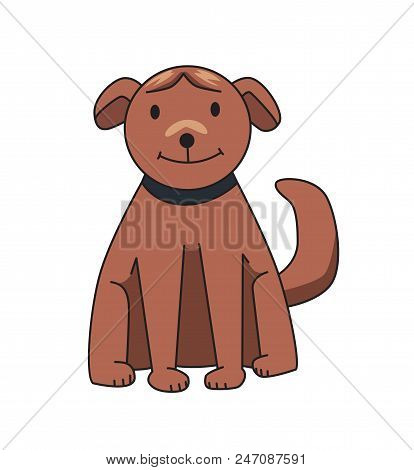 Brown Dog Sitting, Front View. Funny Smiling Dog Cartoon Character. Flat Vector Illustration. Isolat