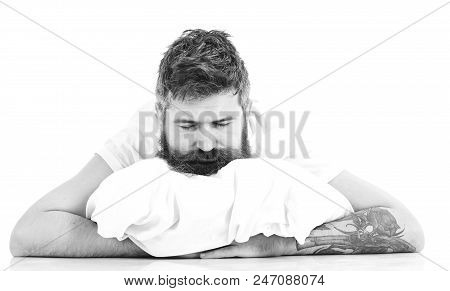 Hipster With Beard Fall Asleep, Sleeps Well. Man With Sleepy Face Lies On Pillow. Man With Beard And
