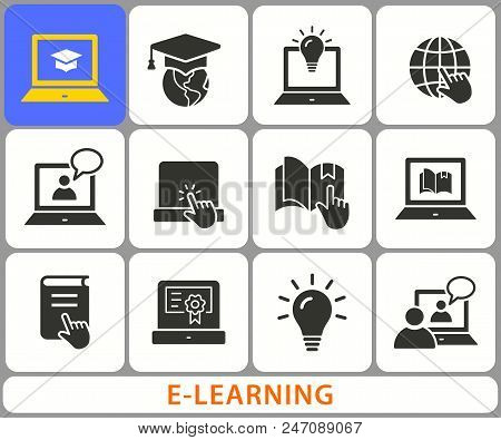 E-learning Distance Education Icons. Set Of Graduation Cap, Training, Laptop, Learn Online, Webinar 