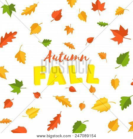 Word Autumn Fall Composition With Green Yellow Red Leaves On White Background In Paper Cut Style. Fa