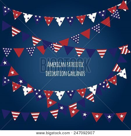 American Holiday Flags Garlands Set. Indepence Day, President's Day, Labor Day, Patriot Day Decorati