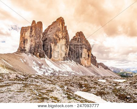 Tre Cime Di Lavaredo, Aka Drei Zinnen, Rock Formation In Dolomites, Italy.