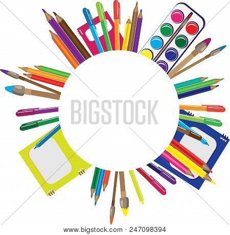 Back To School Blank Round Banner With School Suplies Background. Isolated, Objects, Education.