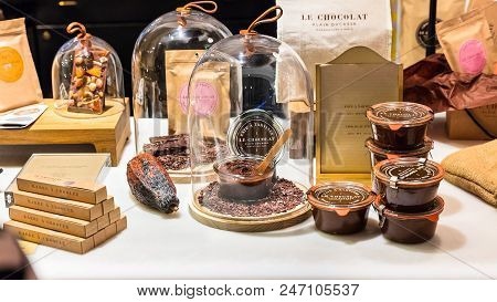 Paris, France - June 30, 2017: Alain Ducasse Chocolate Bar. Assorted Different Kinds Of Premium Choc