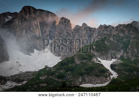 Caucasian Mountains With Glaciers And Green Glades. Lago-naki. Russia