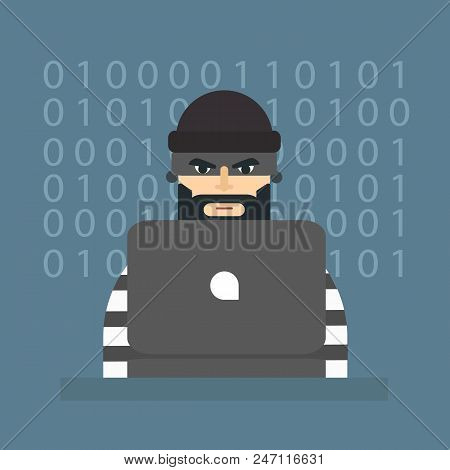 Hacker Icon. Hacker Trying To Cyber Attack On Laptop. Phishing Concept. Vector Stock.