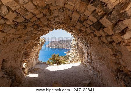 Sea View From The Ruins Of A Small Chapel. The Castle Of Monolithos On Rhodes Island. Greece