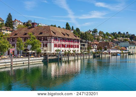 Schaffhausen, Switzerland - August 29, 2015: Buildings Of The City Of Schaffhausen Along The Rhine R