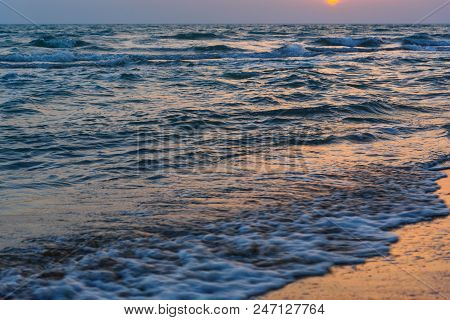 Sunset Over The Sea On Wild Beach Of Persian Gulf Coast. Bushehr Province. Iran
