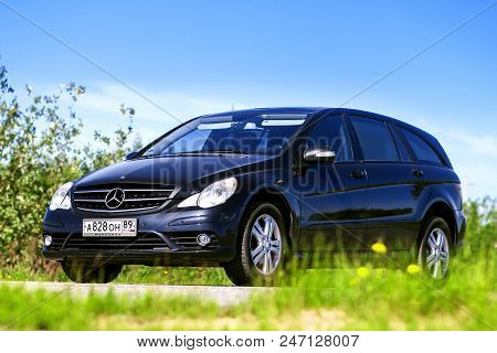 Novyy Urengoy, Russia - June 27, 2018: Black Motor Car Mercedes-benz W251 R350 At The Countryside.