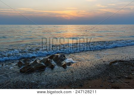 Sunset Over The Sea On Wild Beach Of Persian Gulf Coast. Bushehr Province. Iran