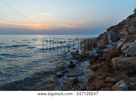 Sunset Over The Sea On Wild Beach Of Persian Gulf Coast. Bushehr Province. Iran