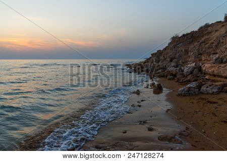 Sunset Over The Sea On Wild Beach Of Persian Gulf Coast. Bushehr Province. Iran