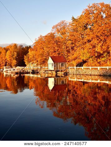 A Lonely Boathouse Kissed By The Sunset In Stockholm Archipelago ,värmdö . Autumn, 2017.