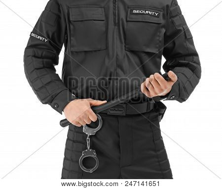 Male Security Guard With Police Baton On White Background