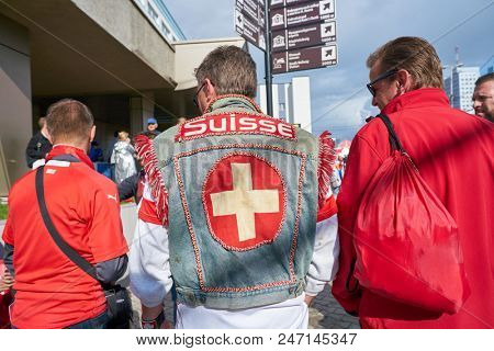 KALININGRAD, RUSSIA - JUNE 22, 2018: Football fans of the team of Switzerland in Kaliningrad. Russia, FIFA World Cup 2018.