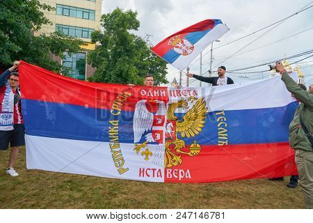 KALININGRAD, RUSSIA - JUNE 22, 2018: Football fans of the team of Serbia in Kaliningrad. Russia, FIFA World Cup 2018.