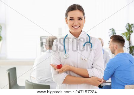 Female Doctor Holding Small Heart In Clinic. Cardiology Center