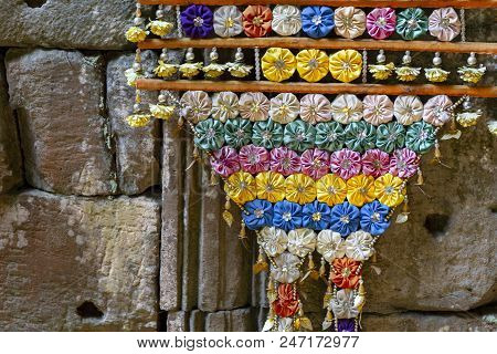 Handmade Floral Decoration In Buddhist Temple. Cambodian Temple Interior Floral Decor. Buddhism Fest