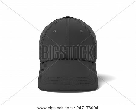 3d Rendering Of A Single Black Baseball Cap Hanging Vertically On A White Background With Its Visor 