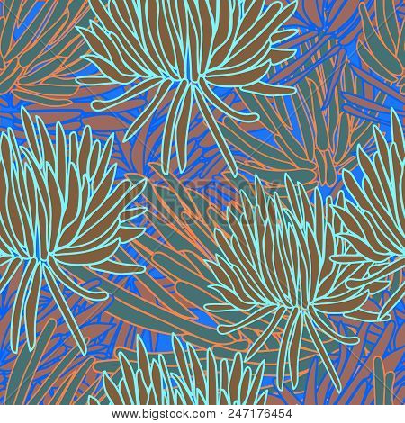 Modern Succulents  Blue Orange Brown And Turquoise Seamless Repeat Pattern Background. Surface Patte
