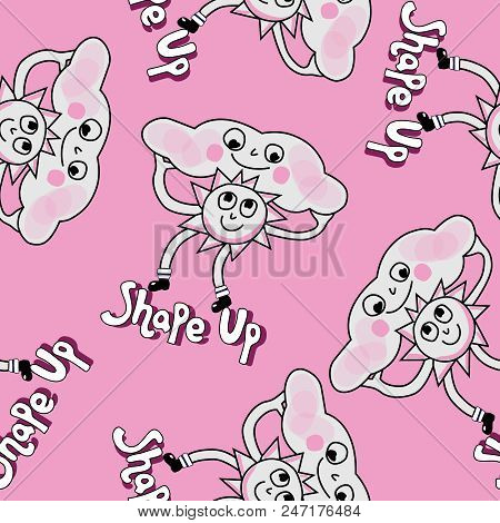 Sun Cloud And Text Whimsical Illustration Pink Background Seamless Repeat Pattern. Background. Surfa