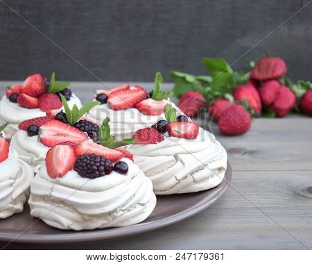 Meringue Desert With Fresh Berries. Top View