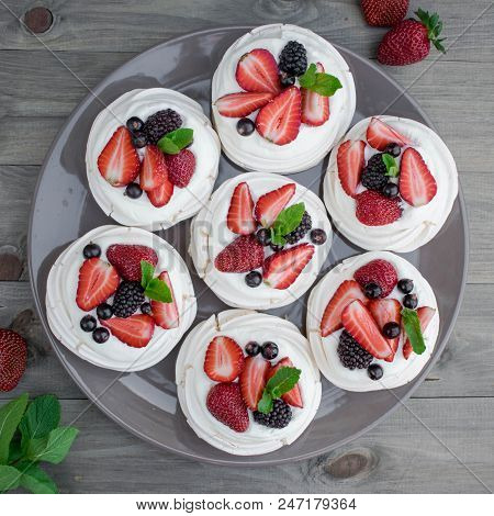 Meringue Desert With Fresh Berries. Top View