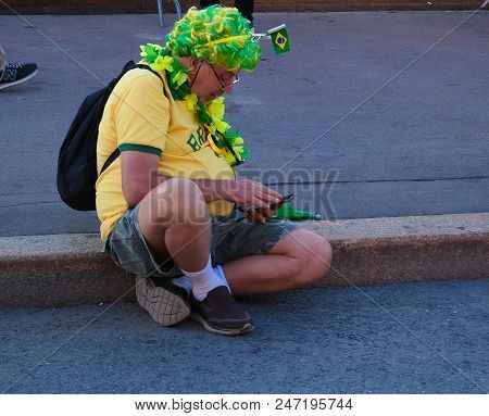 Brazilian Football Fans In The Fifa Fan Fest At Sparrow Hills Aka Vorobyovy Gory In Moscow At Fifa F